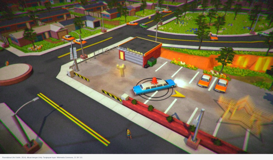 Tangkapan layar game Roundabout buatan Unity: jalan, mobil, dan karakter dilihat dari sudut atas