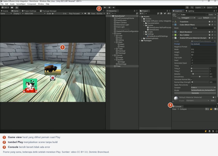 Tampilan Unity saat Play mode: Game view berjalan, tombol Play aktif, Console tanpa error