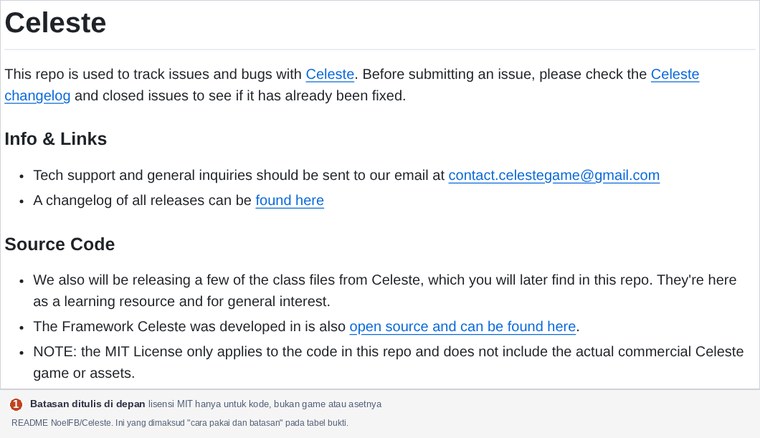 README repo Celeste yang menyatakan lisensi MIT hanya berlaku untuk kode, bukan game atau asetnya